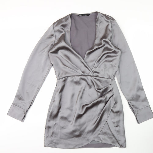 Zara Women's Grey V-Neck Wrap Dress Size 8