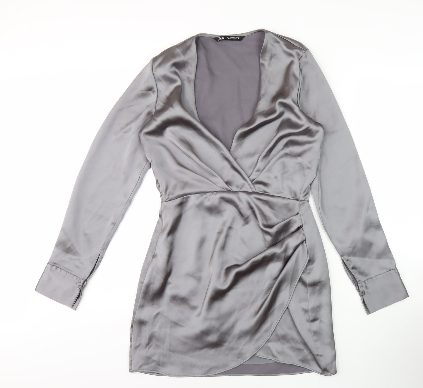 Zara Women's Grey V-Neck Wrap Dress Size 8