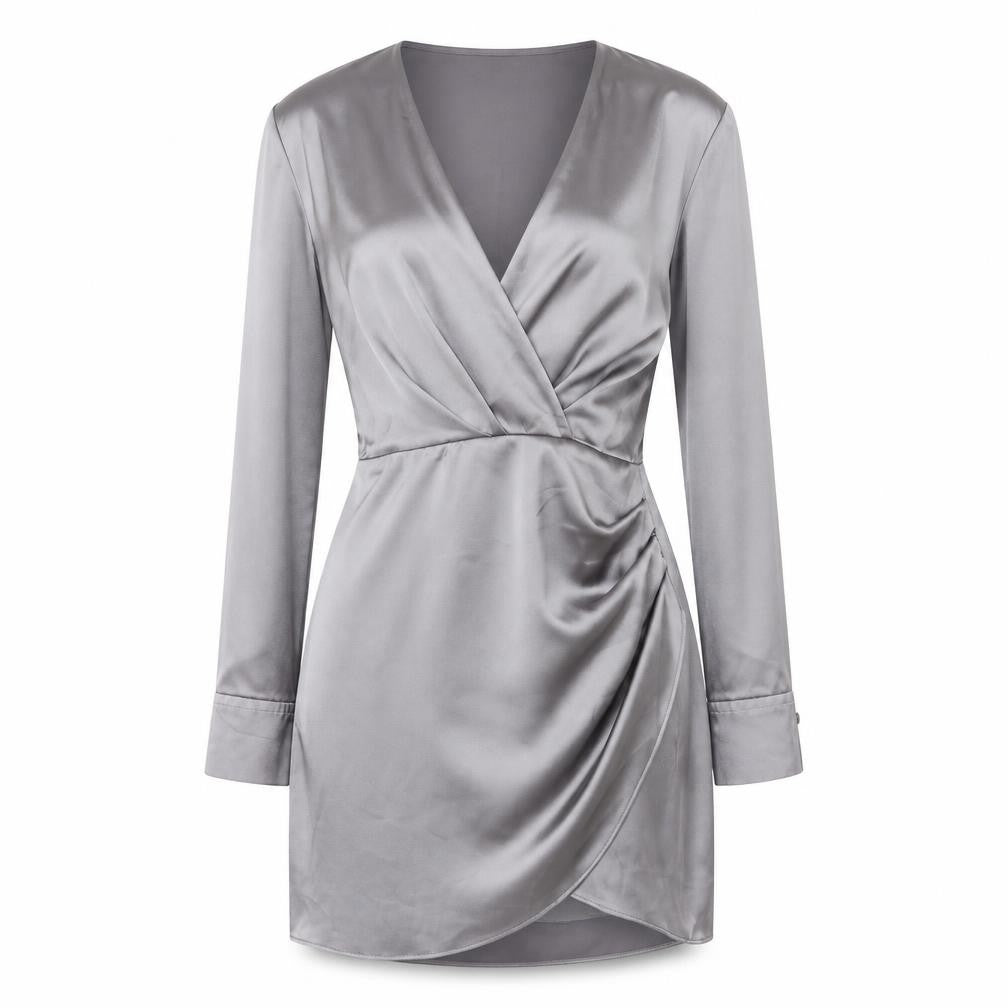 Front view of Zara Women's Grey V-Neck Wrap Dress, size 8
