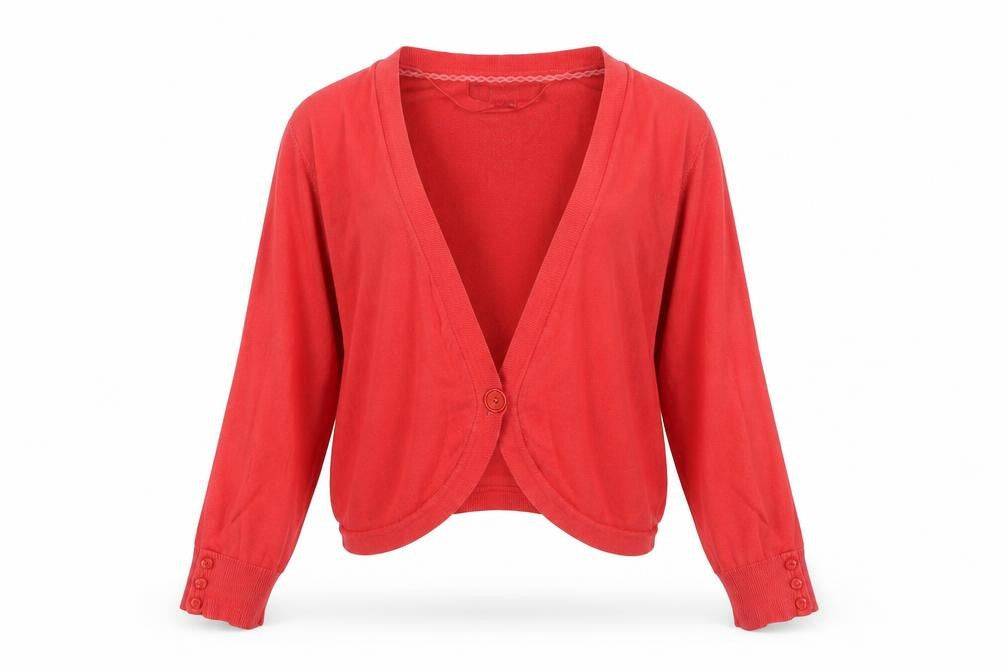 Front view of Monsoon Women's Red Cardigan, size 14, Long Sleeve