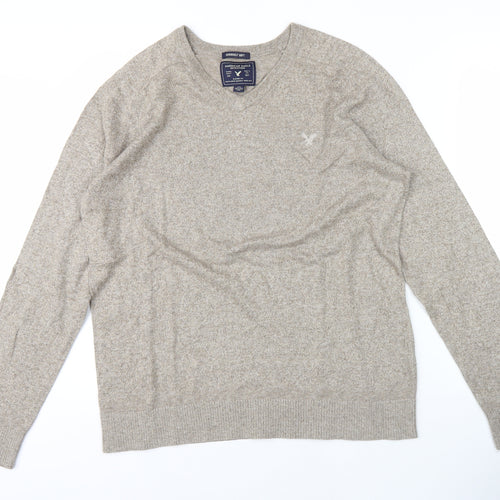 American Eagle Men's Beige V-Neck Pullover Jumper S