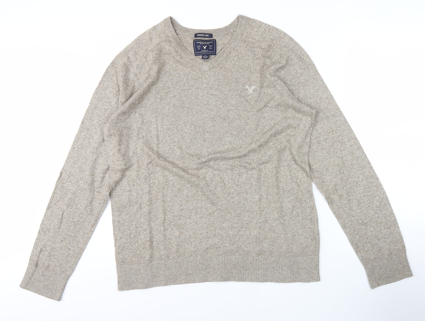 American Eagle Men's Beige V-Neck Pullover Jumper S