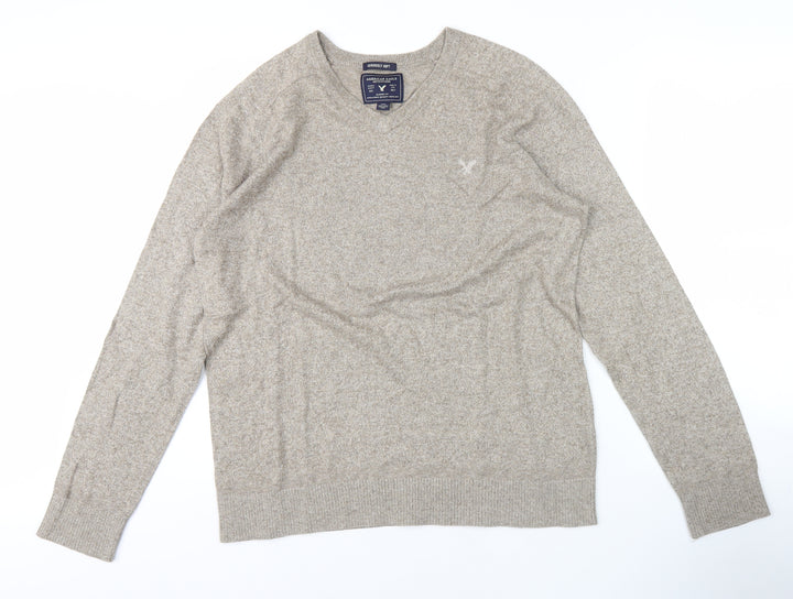 American Eagle Men's Beige V-Neck Pullover Jumper S