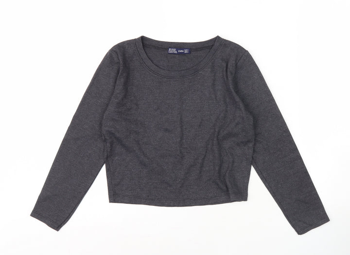 Zara Women's Grey Round Neck Long Sleeve T-Shirt