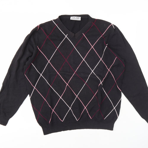 La Vie Men's Black Argyle V-Neck Pullover, L