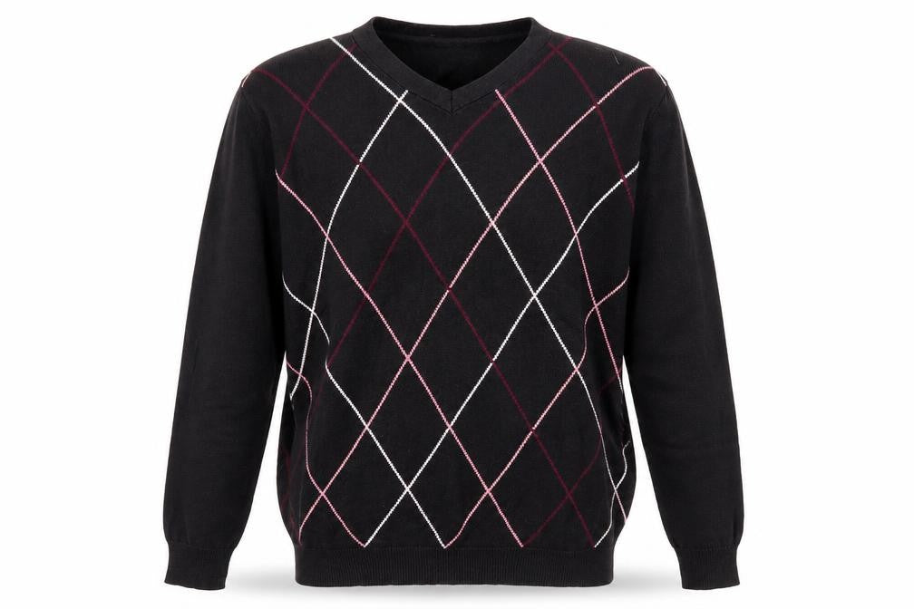 Front view of La Vie Men's Black Argyle V-Neck Pullover, L