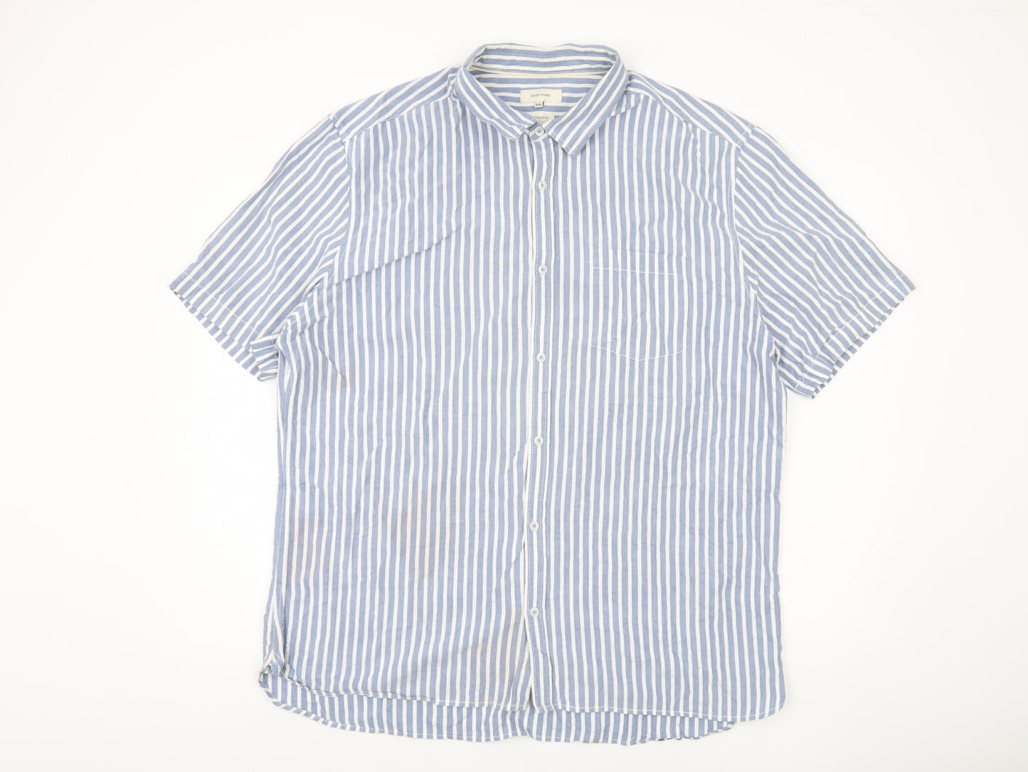River Island Men's Blue Striped Short Sleeve Shirt - 2XL