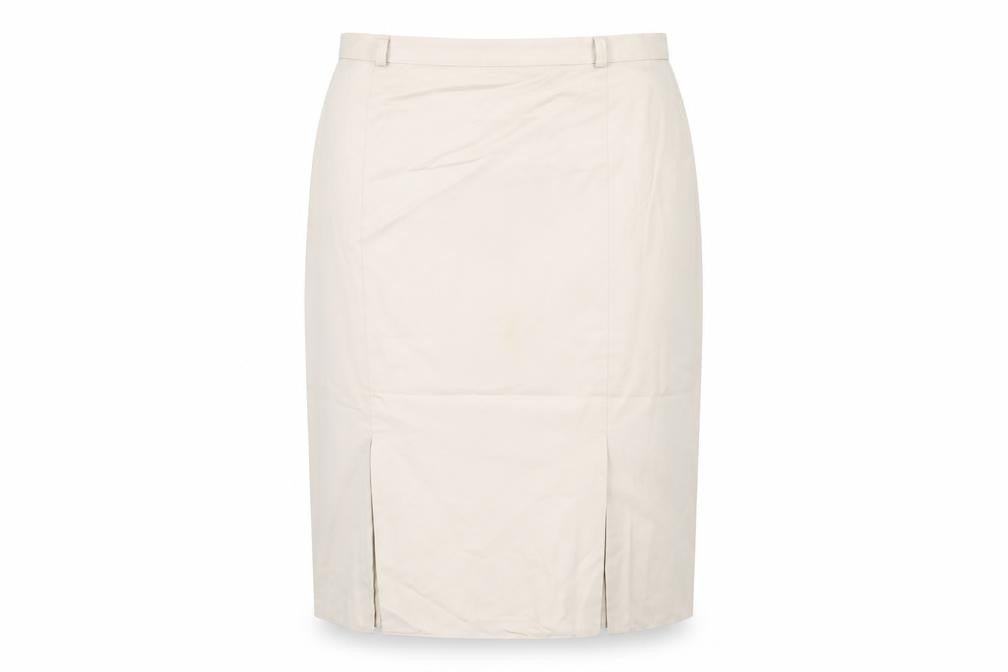 Front view of Canda Women's Beige Pencil Skirt, size 18, Button Closure