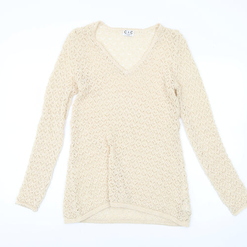 C & C Women's Beige V-Neck Knit Pullover Jumper