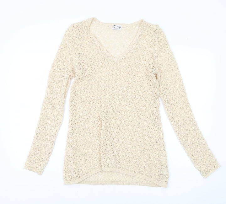 C & C Women's Beige V-Neck Knit Pullover Jumper