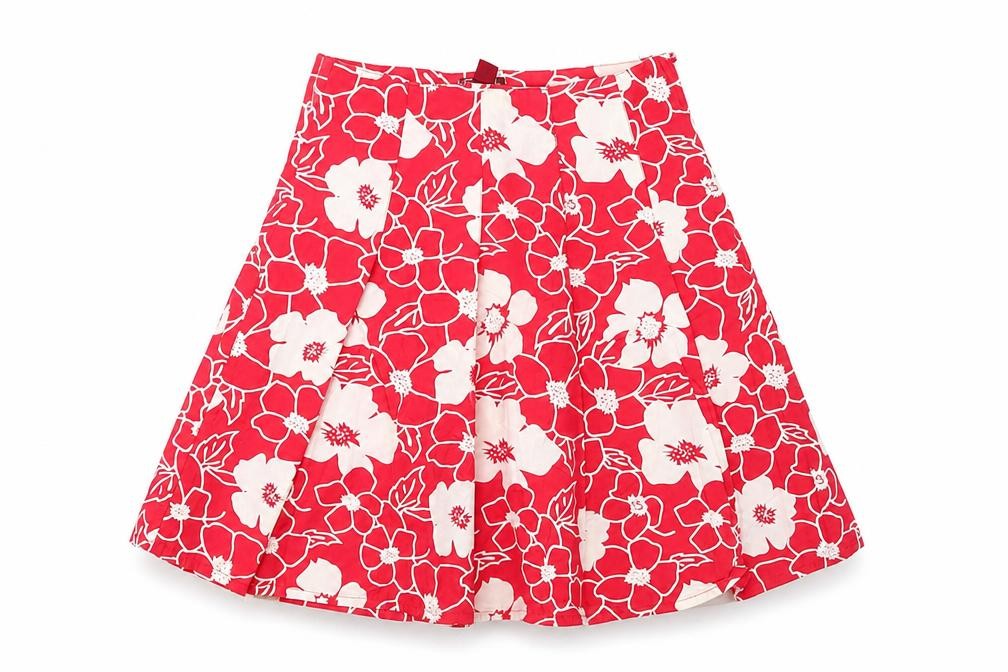Front view of H&M Women's Red Floral A-Line Skirt, size 6