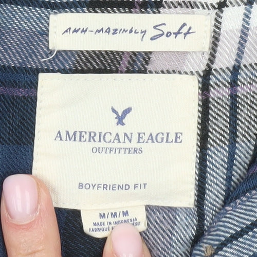 American Eagle Women's Blue Plaid Button-Up Shirt M