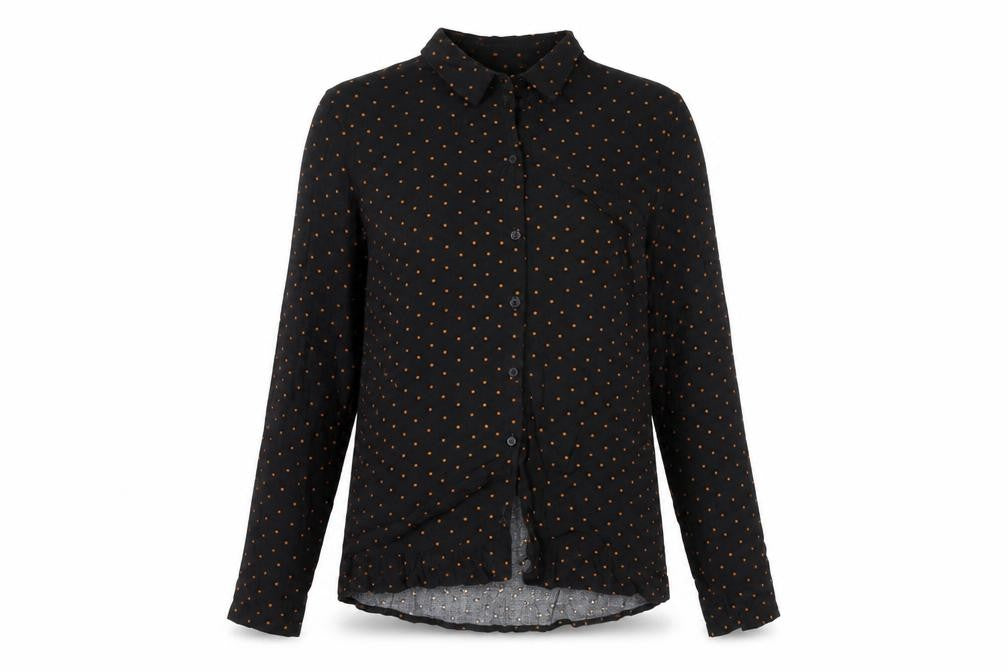 Front view of b.young Women's Black Polka Dot Button-Up Shirt