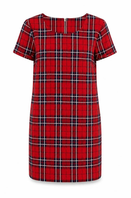 Front view of Next Women's Red Plaid Shift Dress, size 10, Short Sleeve