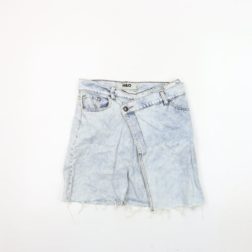 H&O Women's Blue Denim Mini Skirt, Size S, Fringed Casual
