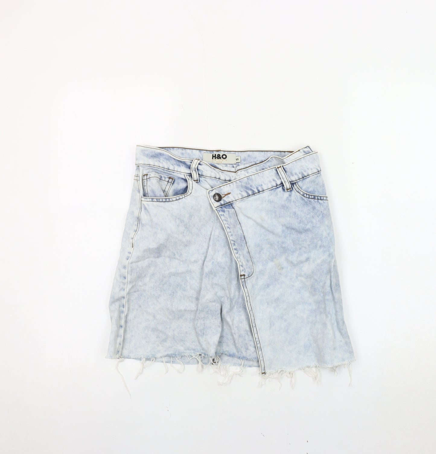H&O Women's Blue Denim Mini Skirt, Size S, Fringed Casual