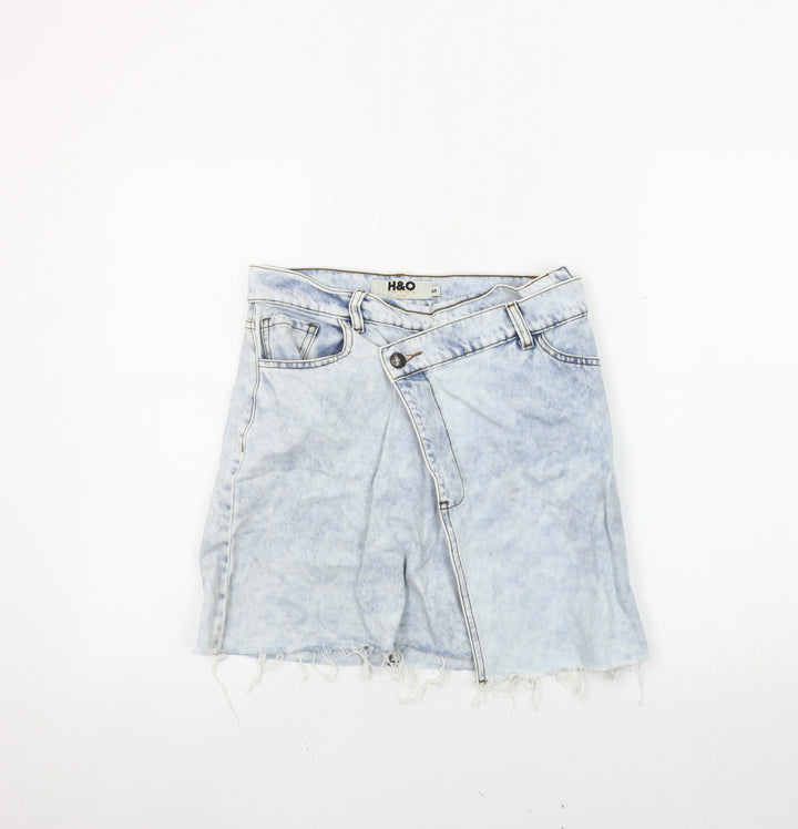 H&O Women's Blue Denim Mini Skirt, Size S, Fringed Casual