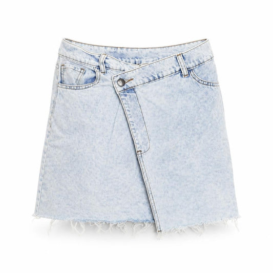 Front view of H&O Women's Blue Denim Mini Skirt, size S, Fringed Casual