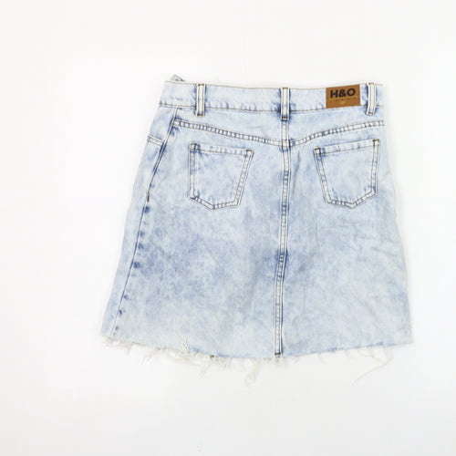 H&O Women's Blue Denim Mini Skirt, Size S, Fringed Casual
