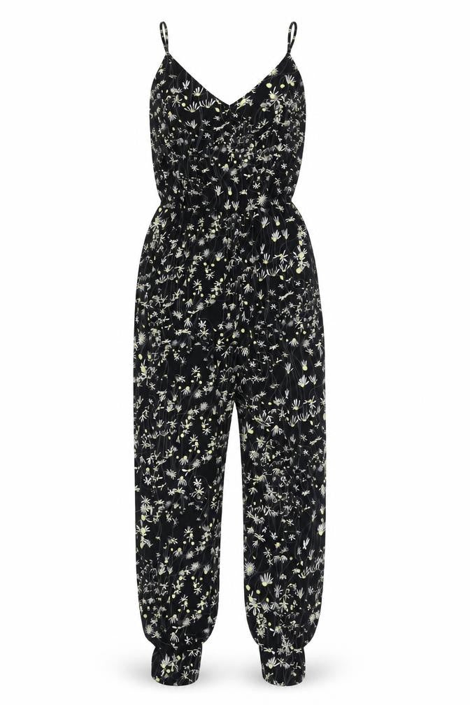 Front view of H&M Conscious Women's Black Floral Jumpsuit, size 6