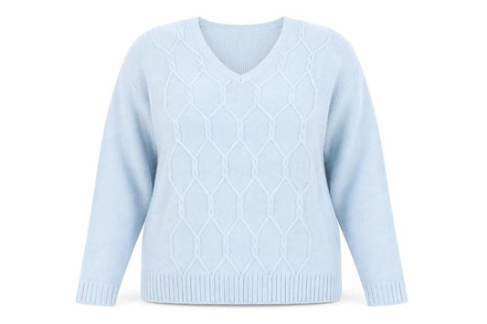 Front view of For Women Women's Blue Cable-Knit jumper V-Neck
