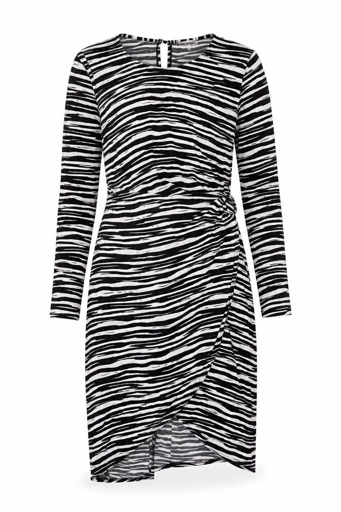 Front view of Warehouse Women's Black Asymmetric Animal Print Dress