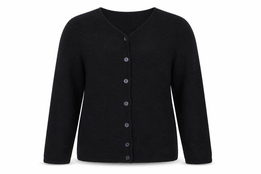 Front view of Bicalla women’s black cardigan l tight-knit button