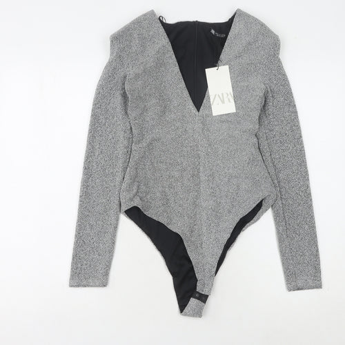 Zara Women Grey Bodysuit M Long Sleeve V-Neck