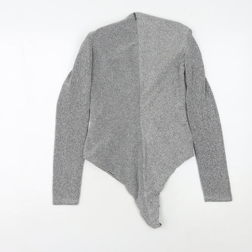 Zara Women Grey Bodysuit M Long Sleeve V-Neck