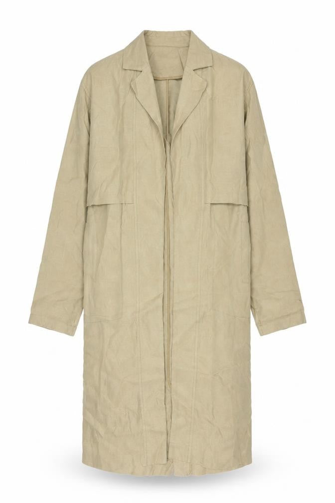 Front view of Warehouse Women's Beige Long Overcoat, size 10