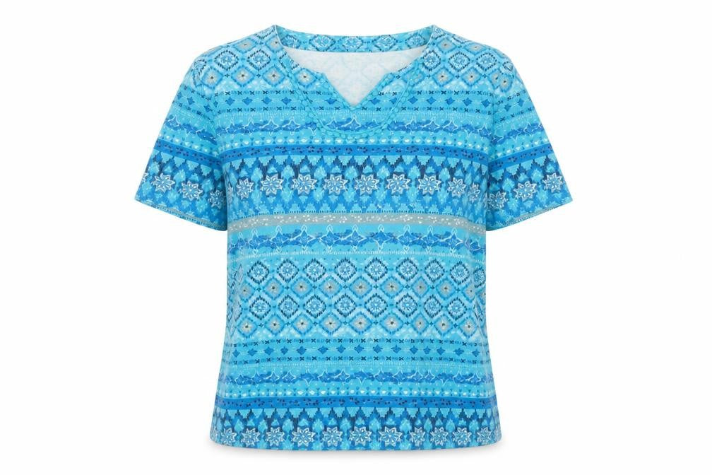 Front view of Isle Essentials Women's Blue Geometric T-Shirt
