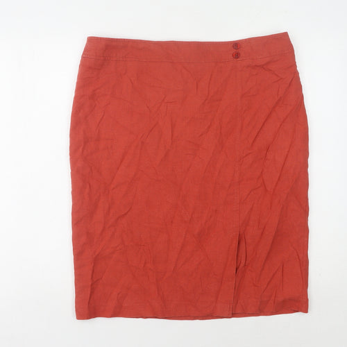 BHS Women's Red Linen Pencil Skirt Size 16 with Button Accent