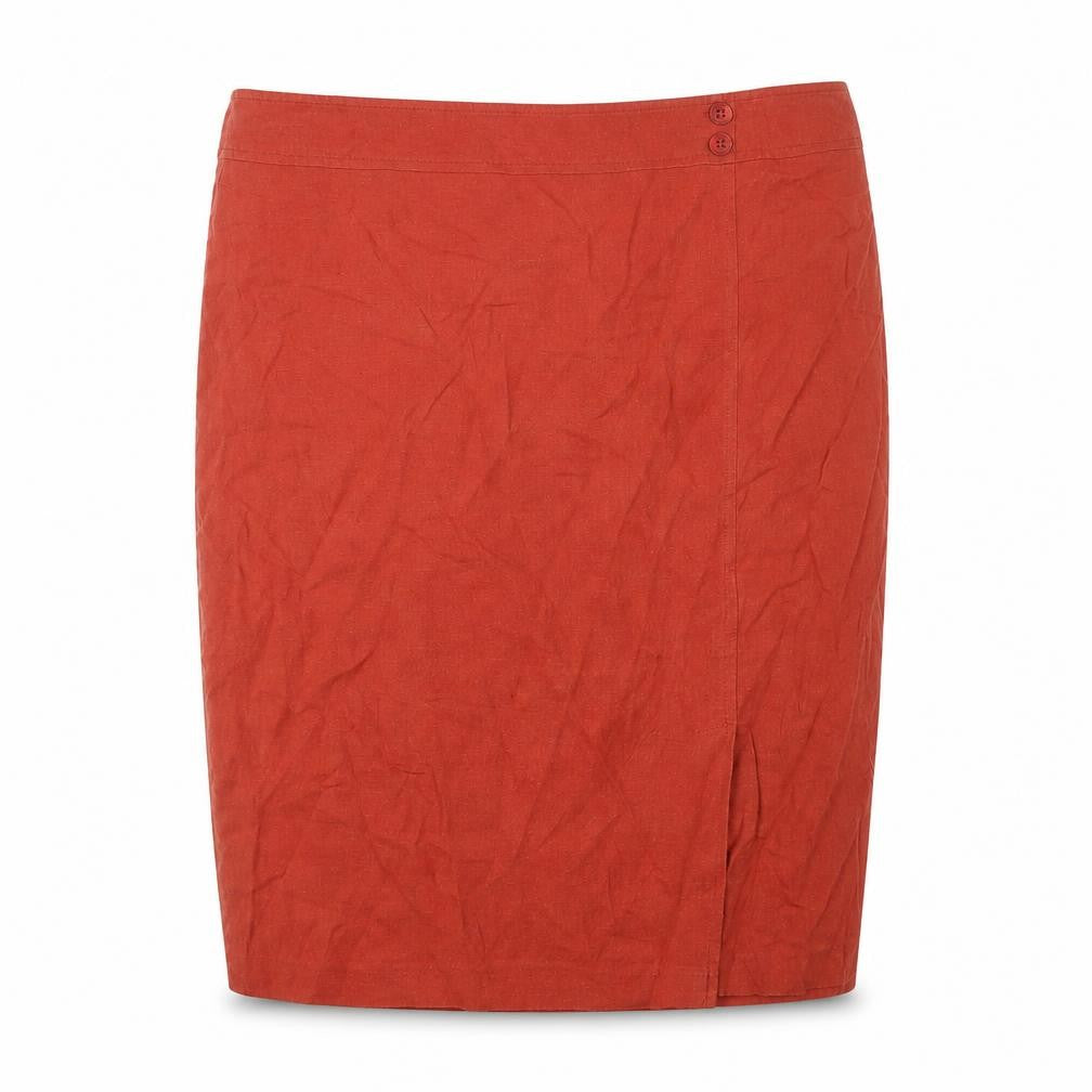 Front view of BHS Women's Red Linen Pencil Skirt, size 16, with Button Accent