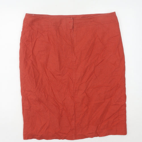 BHS Women's Red Linen Pencil Skirt Size 16 with Button Accent