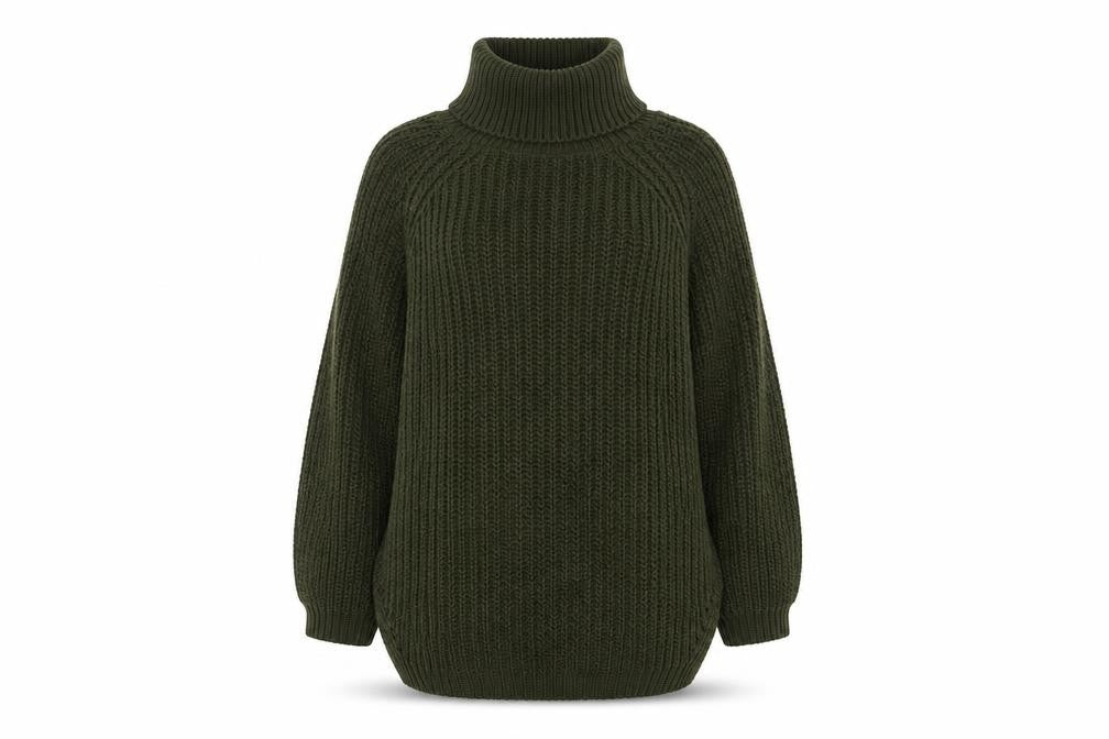 Front view of Quiz Women's Green Roll Neck Jumper, size S, Relaxed Fit