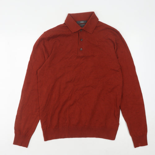 Marks and Spencer Men's Red Polo, Small, Cotton, Long Sleeve