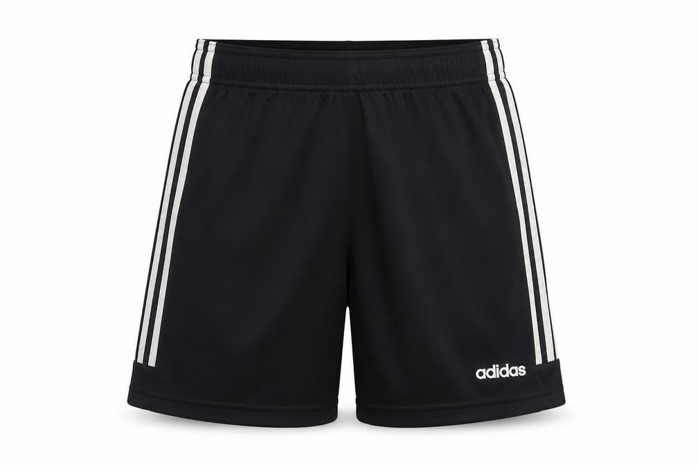 Front view of Adidas boys’ black xl athletic shorts with stripes