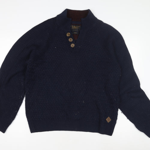 Trait Men's Blue Henley Jumper, Size Large