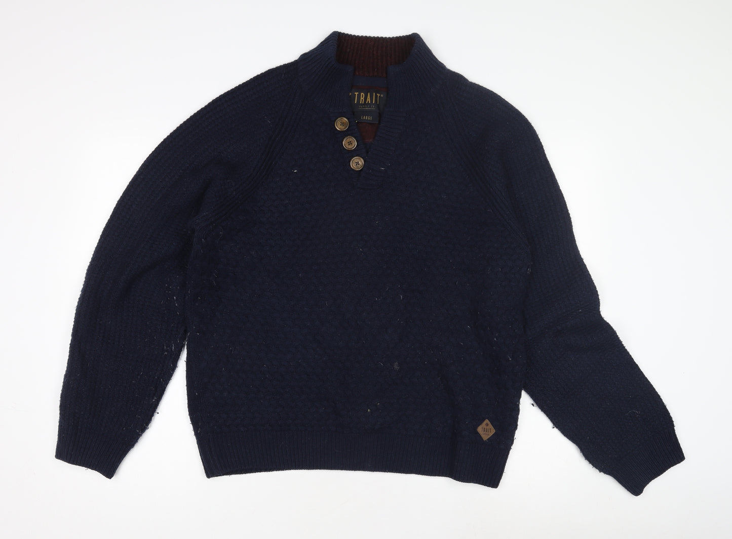 Trait Men's Blue Henley Jumper, Size Large
