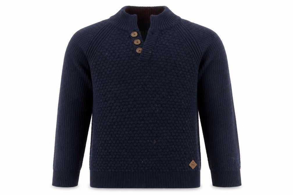 Front view of Trait Men's Blue Henley Jumper, Size Large