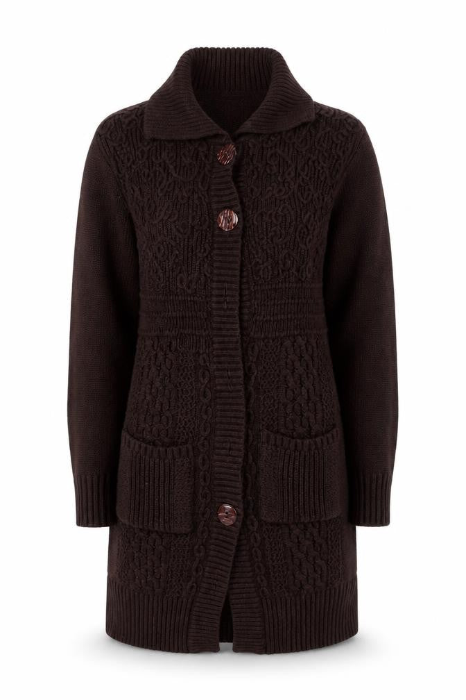 Front view of Kolette Women's M Brown Cable-Knit Cardigan