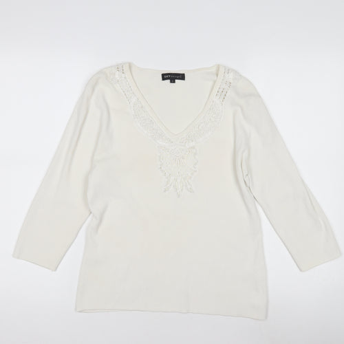 SKYdesigns Women's Ivory V-Neck Crochet Jumper