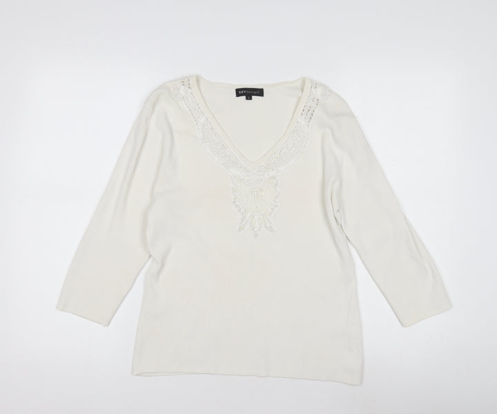 SKYdesigns Women's Ivory V-Neck Crochet Jumper