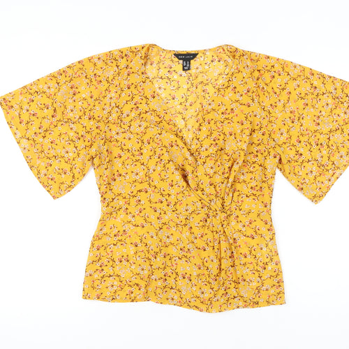 New Look Women's Yellow Floral Wrap Blouse Size 12