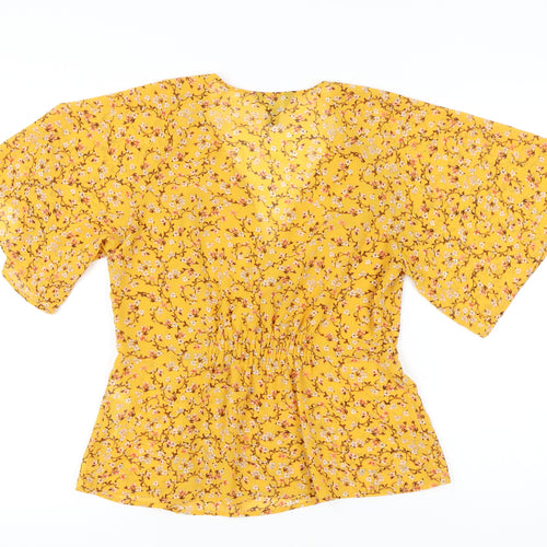 New Look Women's Yellow Floral Wrap Blouse Size 12