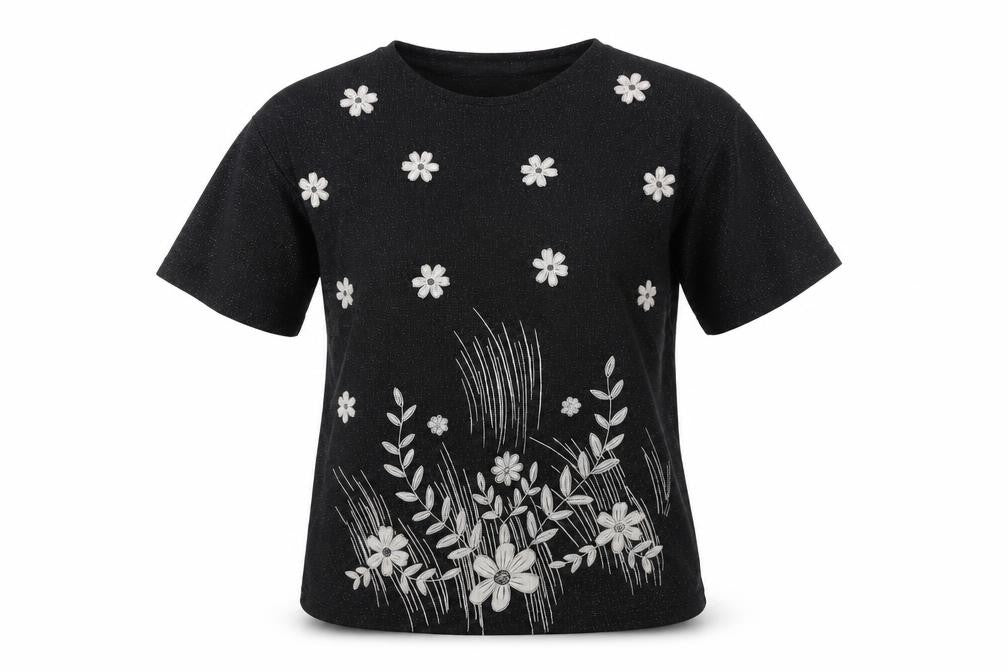 La Reine Women's Black Embroidered T-Shirt L/XL
