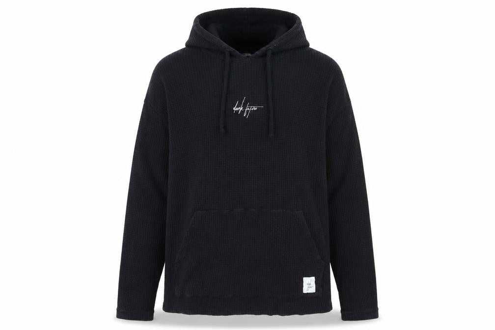 Front view of ASOS DESIGN Men's Black Knit Hoodie, S, with Logo