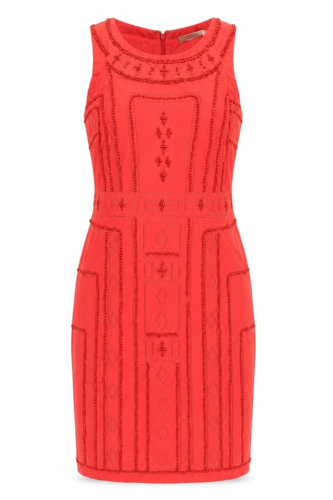 Front view of Monsoon Women's Red Beaded Sheath Dress, size 14