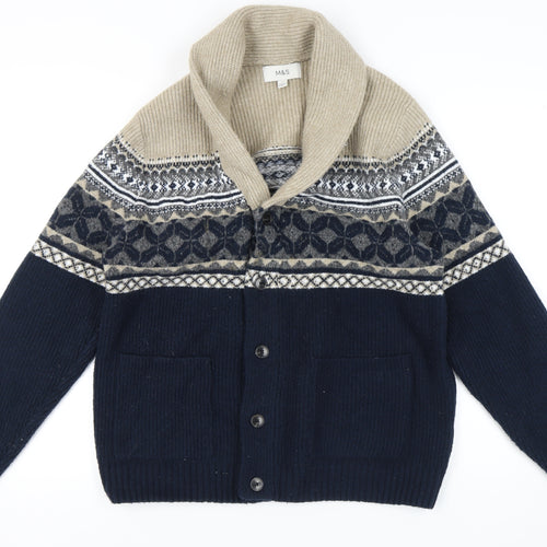 Marks and Spencer Men's Blue Cardigan L Fair Isle Knit