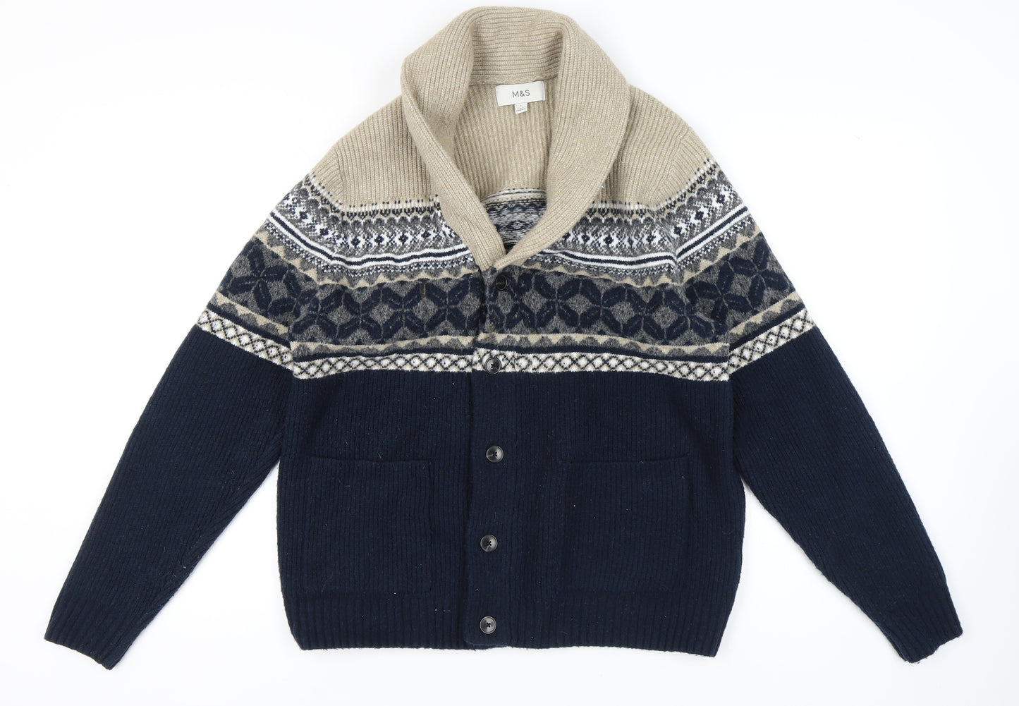 Marks and Spencer Men's Blue Cardigan L Fair Isle Knit